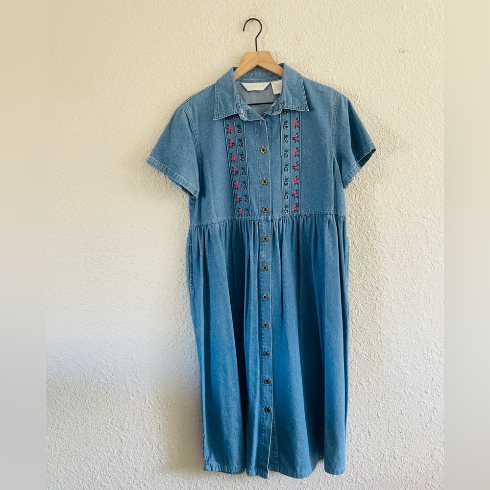 Vintage Denim Button Front Floral Embroidered Midi Dress